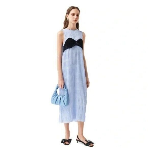 Zara Elegant Blue and Black Grecian Crinkle Flowing Pleated Midi Dress - Picture 1 of 9